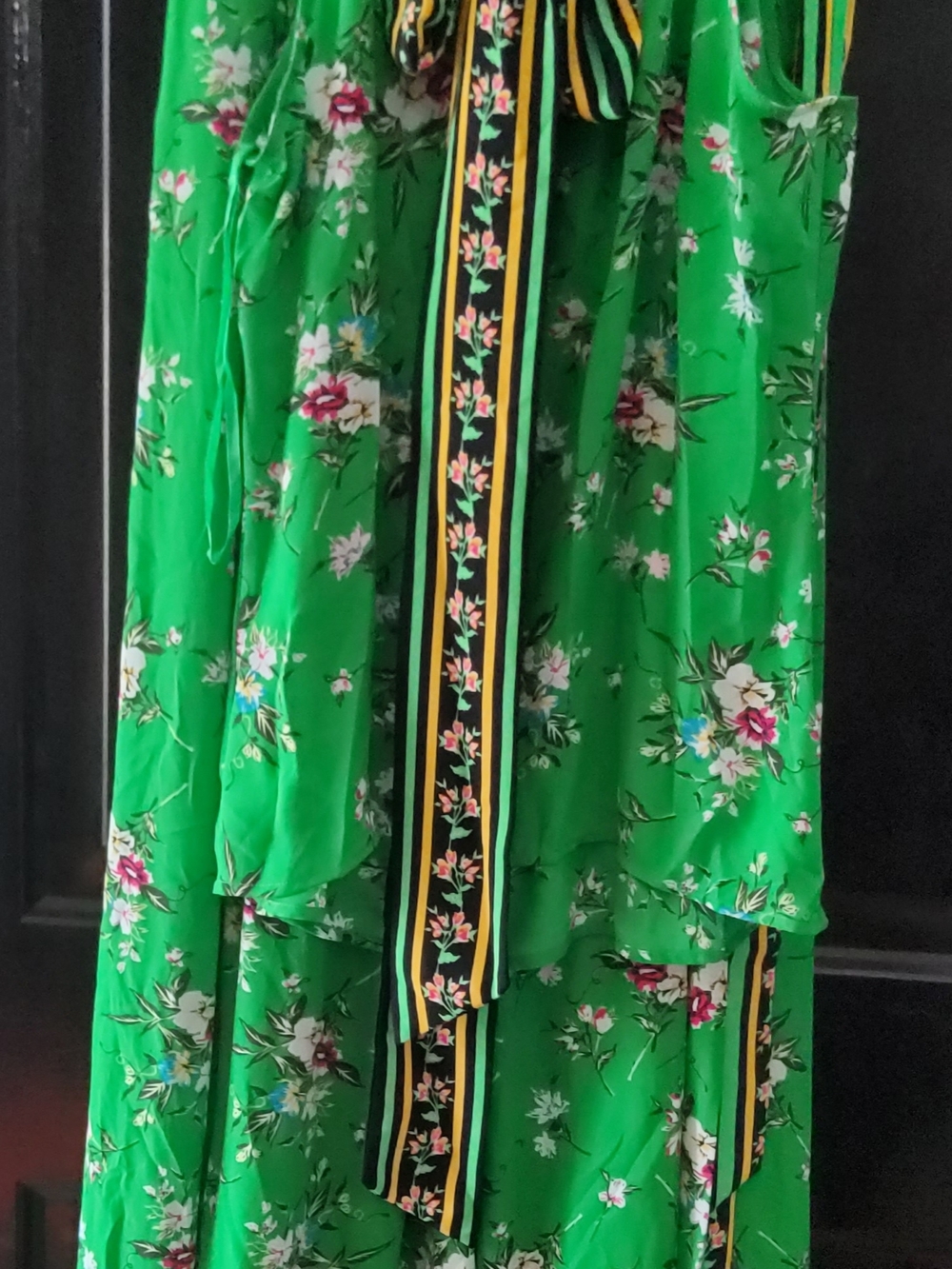 Avenue Bright Green Floral Maxi Skirt with Striped Ribbon
